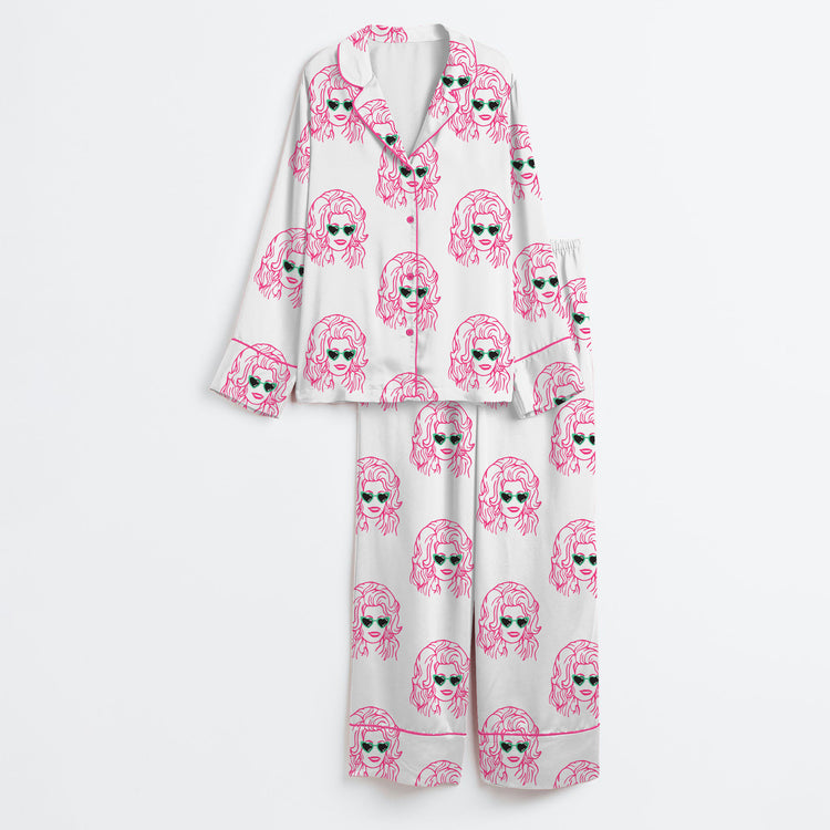 Women's RIP Dolly Rock Country Classic Concert Long Sleeve Silky Satin Pajama Set