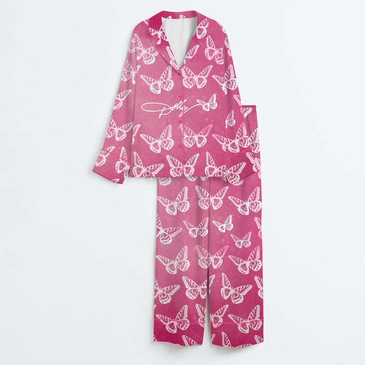 Women's RIP Dolly Country Music Butterfly Long Sleeve Silky Satin Pajama Set