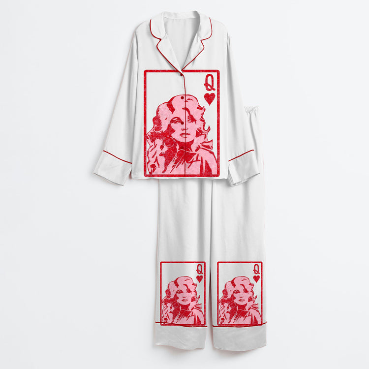 Women's RIP Dolly Queen Of Hearts Country Music Long Sleeve Silky Satin Pajama Set