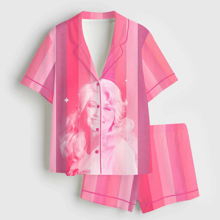 Women's Dolly RIP Country Music Pink Stripe Short Sleeve Silky Satin Pajama Set