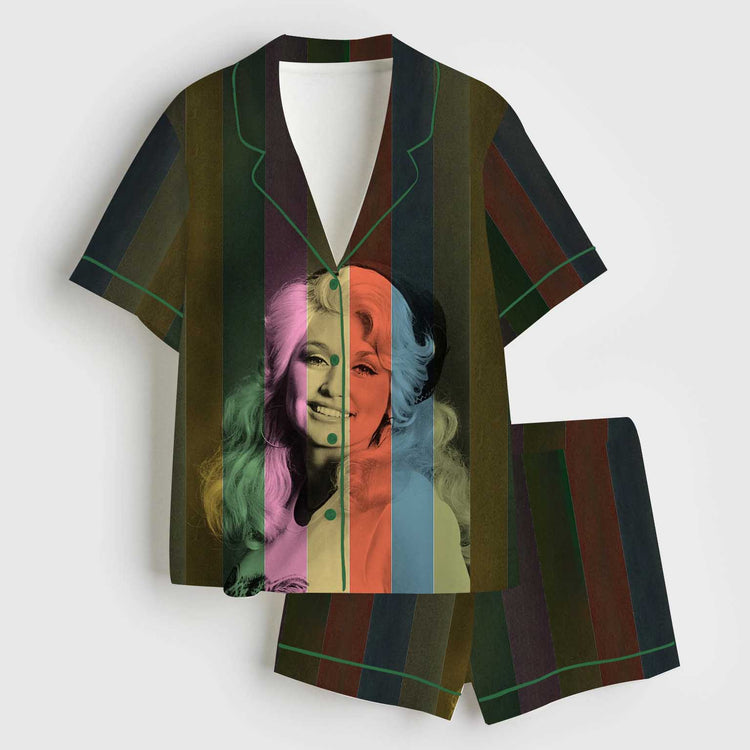 Women's Dolly RIP Country Music Memorial Stripe Short Sleeve Silky Satin Pajama Set