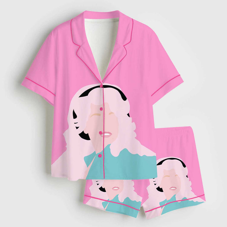 Women's Dolly RIP Country Music Memorial Pink Short Sleeve Silky Satin Pajama Set
