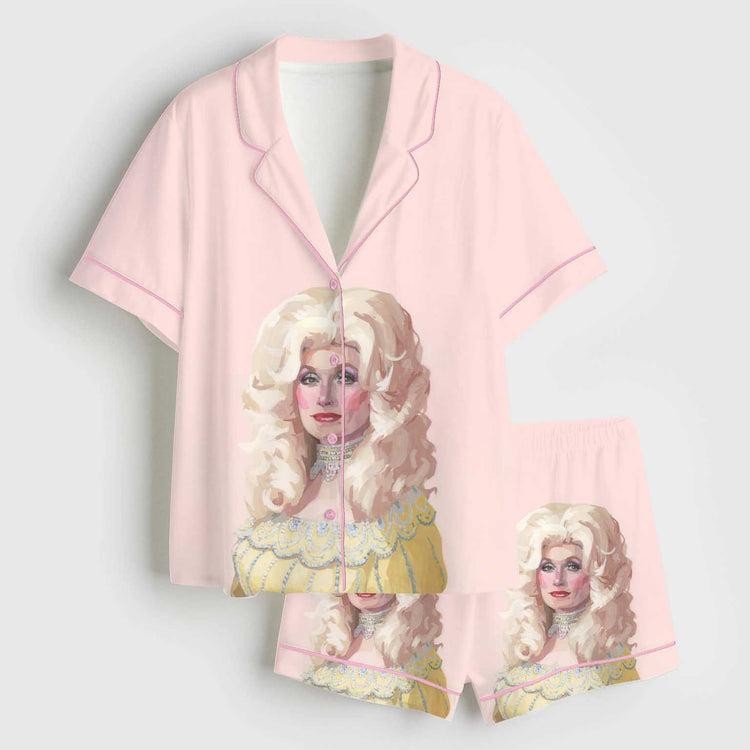 Women's Dolly RIP Country Music Memorial Pink Short Sleeve Silky Satin Pajama Set