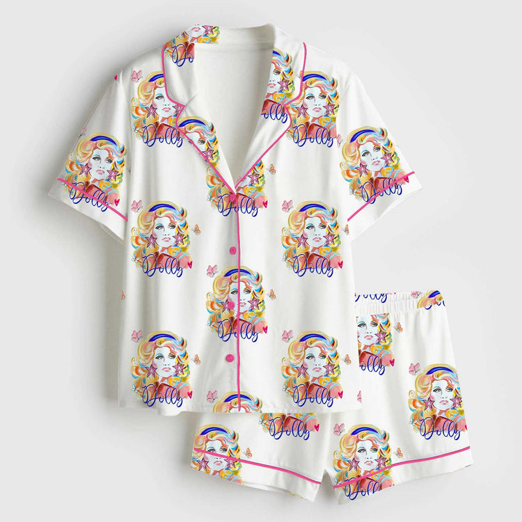 Women's Dolly RIP Country Music Memorial Short Sleeve Silky Satin Pajama Set