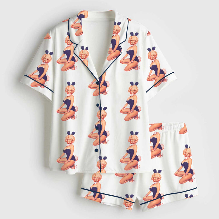 Women's Bunny Dolly RIP Country Music Short Sleeve Silky Satin Pajama Set