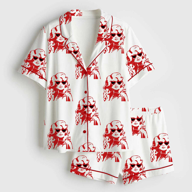 Women's Dolly RIP Country Music I Beg Your Parton Short Sleeve Silky Satin Pajama Set