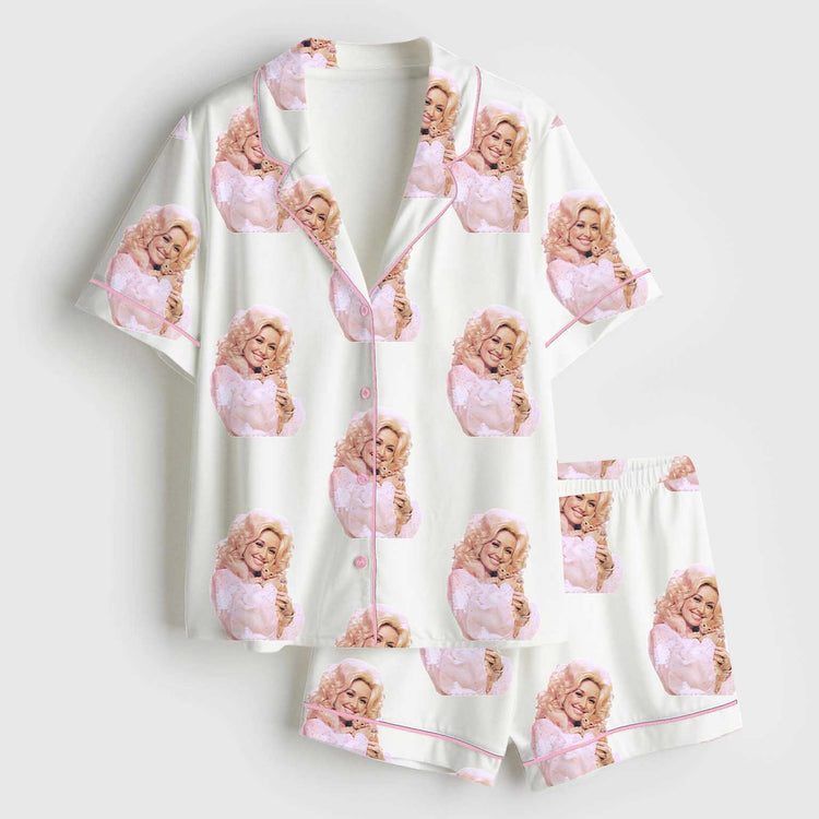 Women's Smile Dolly RIP Country Music Short Sleeve Silky Satin Pajama Set