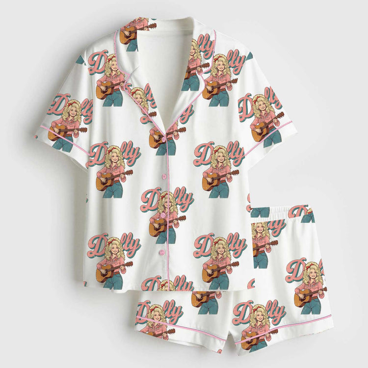 Women's Dolly RIP Forever Country Music Memorial Short Sleeve Silky Satin Pajama Set