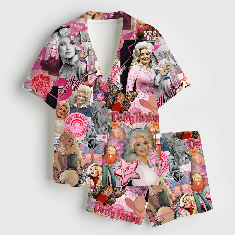Women's Dolly RIP Country Music Memorial Short Sleeve Silky Satin Pajama Set