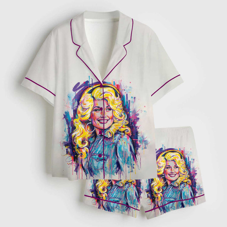 Women's Dolly RIP Country Music Short Sleeve Silky Satin Pajama Set