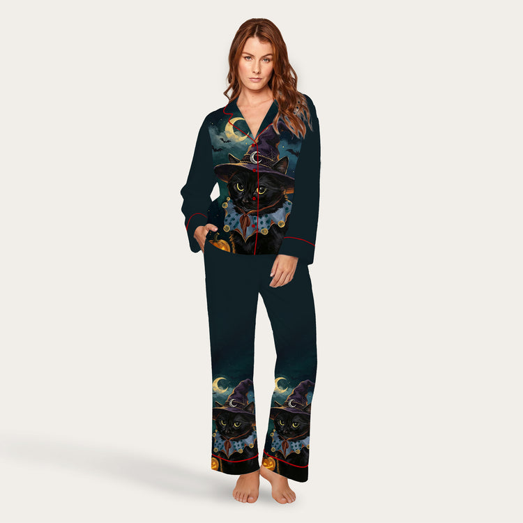 Women's Oil Painting Witch Black Cat Long Sleeve Silky Satin Pajama Set front view