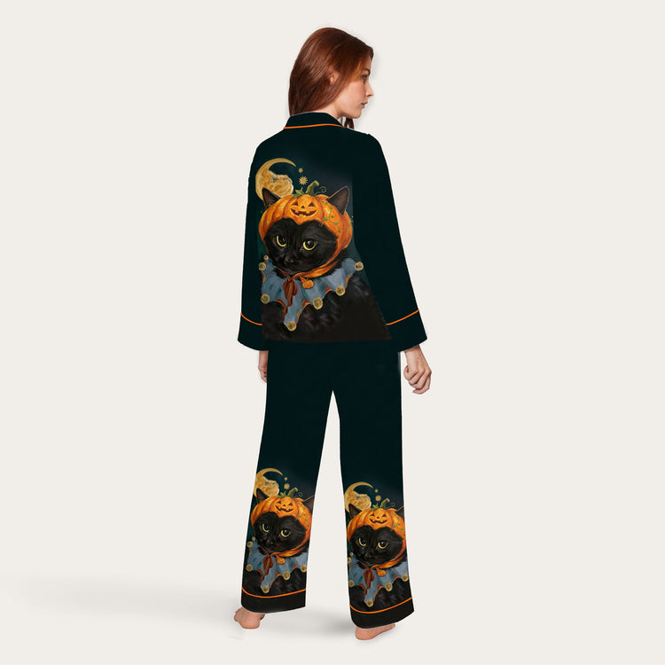 
                    
                      Women's Oil Painting Pumpkin Black Cat Long Sleeve Silky Satin Pajama Set detail view
                    
                  