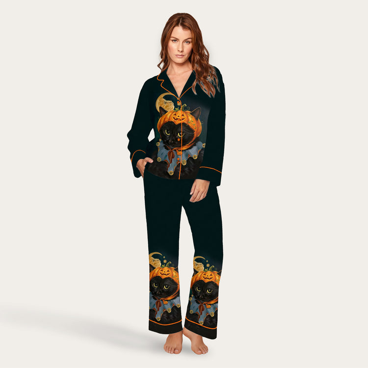 Women's Oil Painting Pumpkin Black Cat Long Sleeve Silky Satin Pajama Set front view