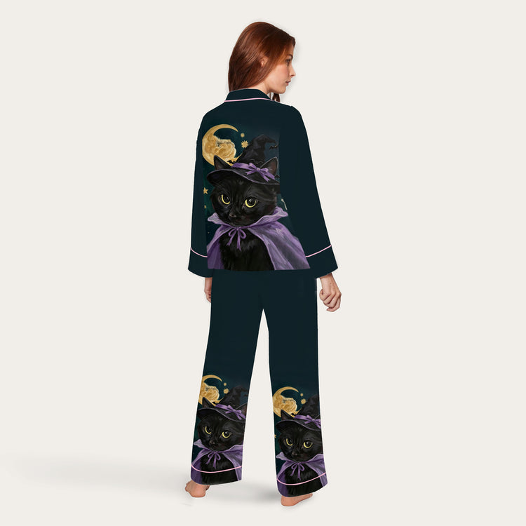 
                    
                      Women's Oil Painting Purple Witch Black Cat Long Sleeve Silky Satin Pajama Set detail view
                    
                  