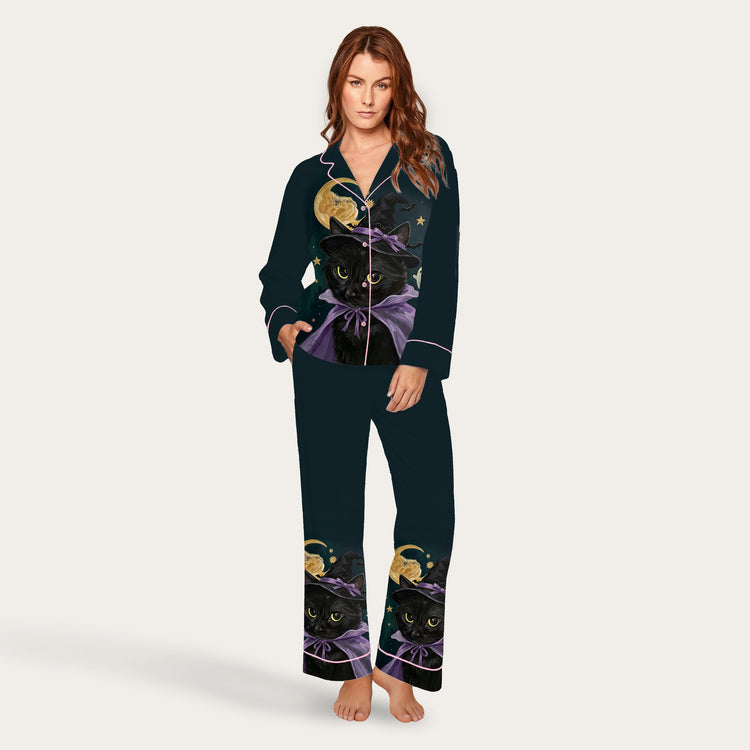 Women's Oil Painting Purple Witch Black Cat Long Sleeve Silky Satin Pajama Set front view