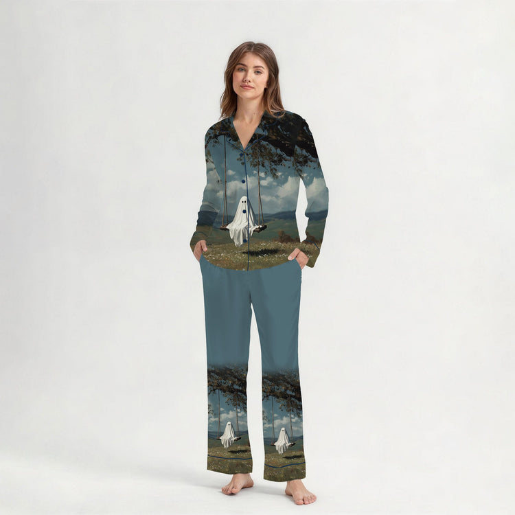 
                    
                      Women's Haunted Ghost Swing Landscape Long Sleeve Silky Satin Pajama Set full-length view
                    
                  