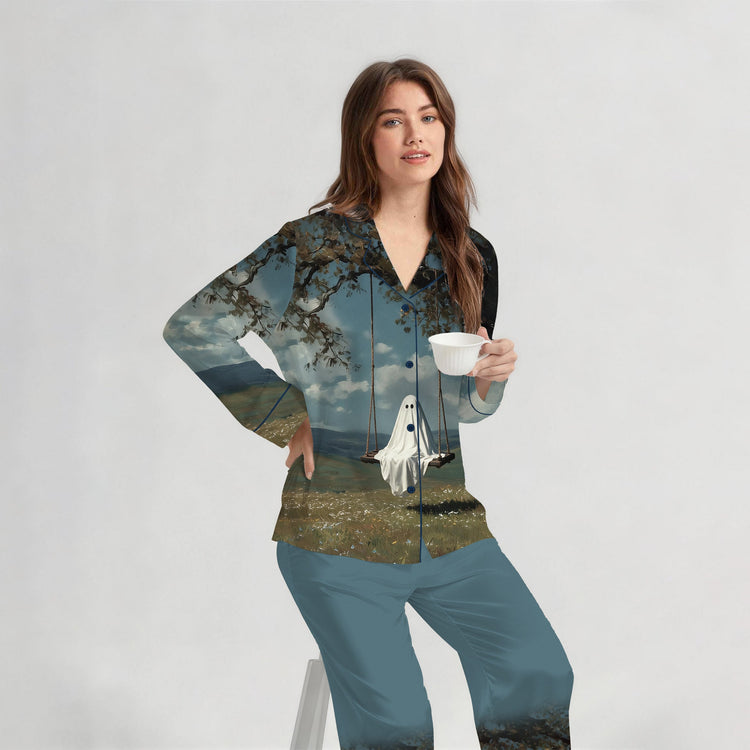 
                    
                      Women's Haunted Ghost Swing Landscape Long Sleeve Silky Satin Pajama Set front view
                    
                  
