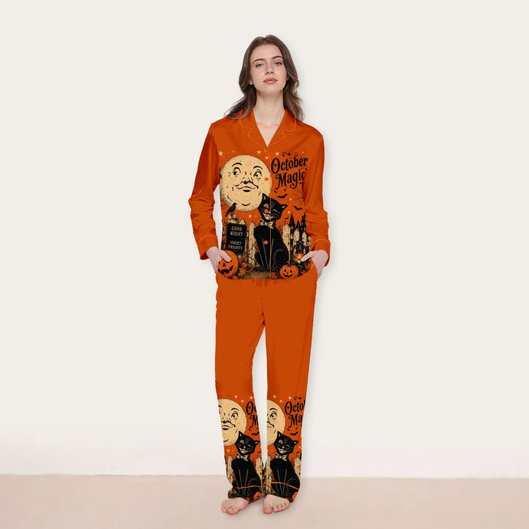 
                    
                      Women's October Magic Moon Black Cat Long Sleeve Silky Satin Pajama Set alternate view
                    
                  