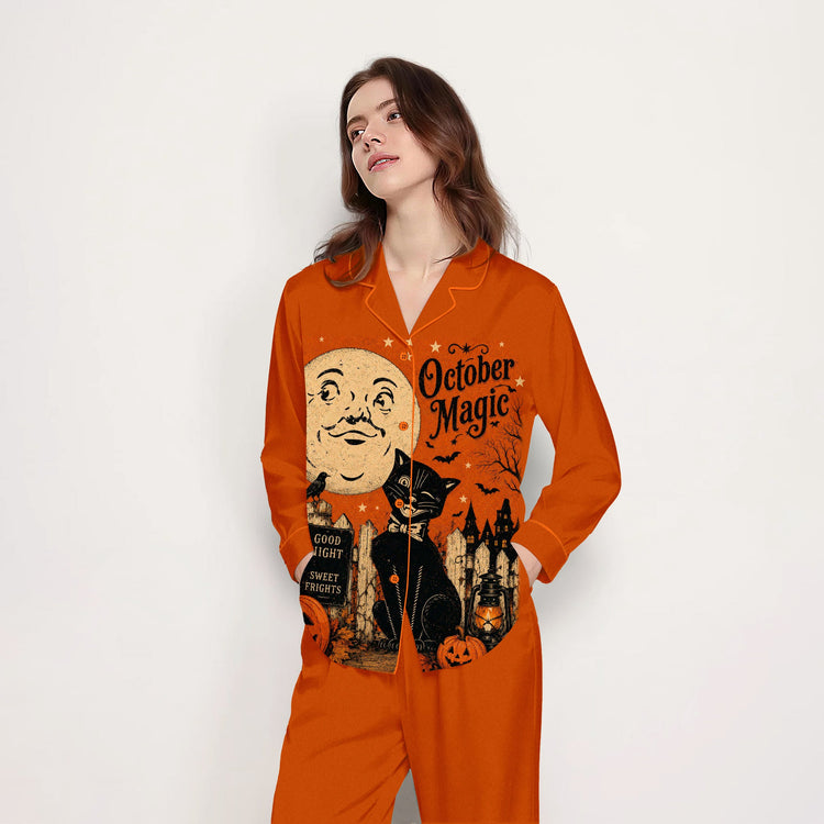 
                    
                      Women's October Magic Moon Black Cat Long Sleeve Silky Satin Pajama Set front view
                    
                  