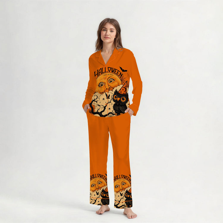 
                    
                      Women's Halloween Pumpkin Moon Crow Long Sleeve Silky Satin Pajama Set alternate view
                    
                  