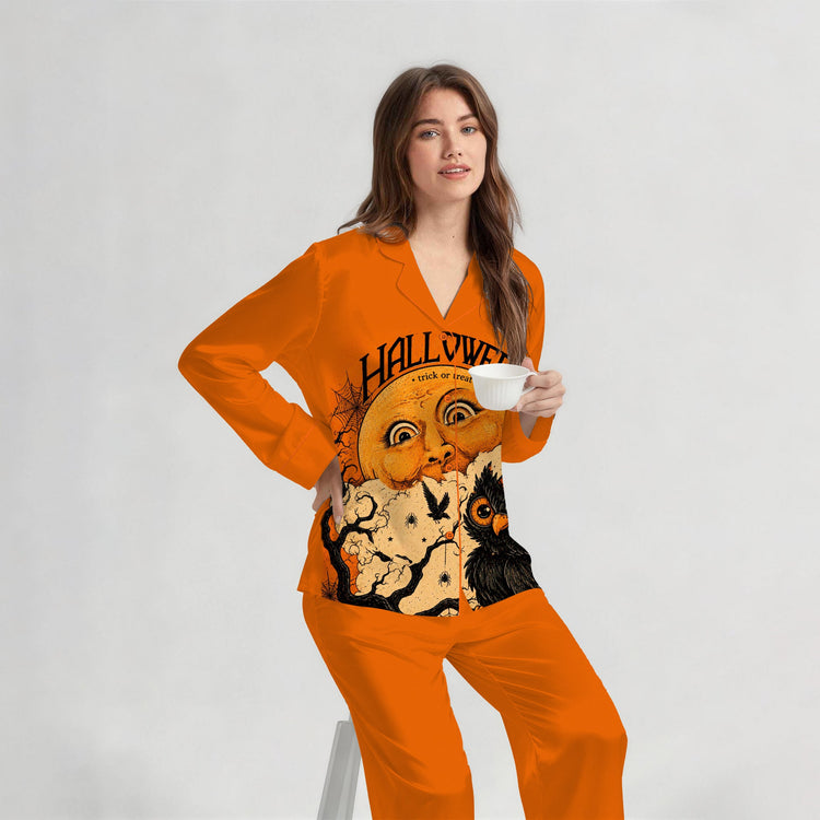 
                    
                      Women's Halloween Pumpkin Moon Crow Long Sleeve Silky Satin Pajama Set front view
                    
                  