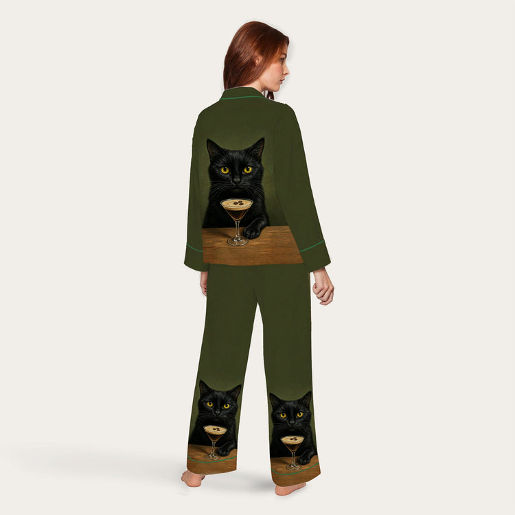 
                    
                      Women's Black Cat Cocktail Portrait Long Sleeve Silky Satin Pajama Set alternate view
                    
                  