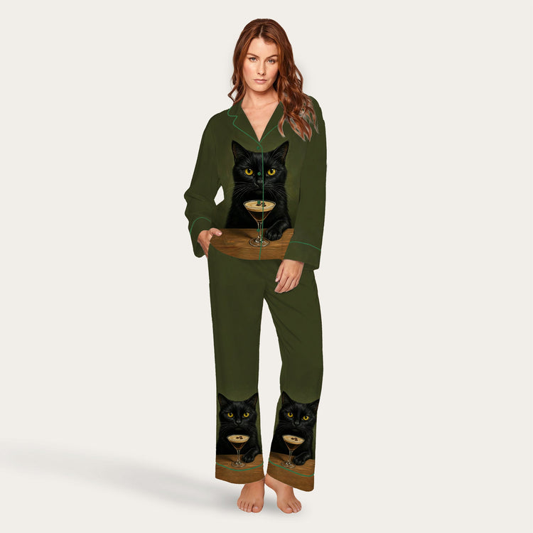 
                    
                      Women's Black Cat Cocktail Portrait Long Sleeve Silky Satin Pajama Set front view
                    
                  
