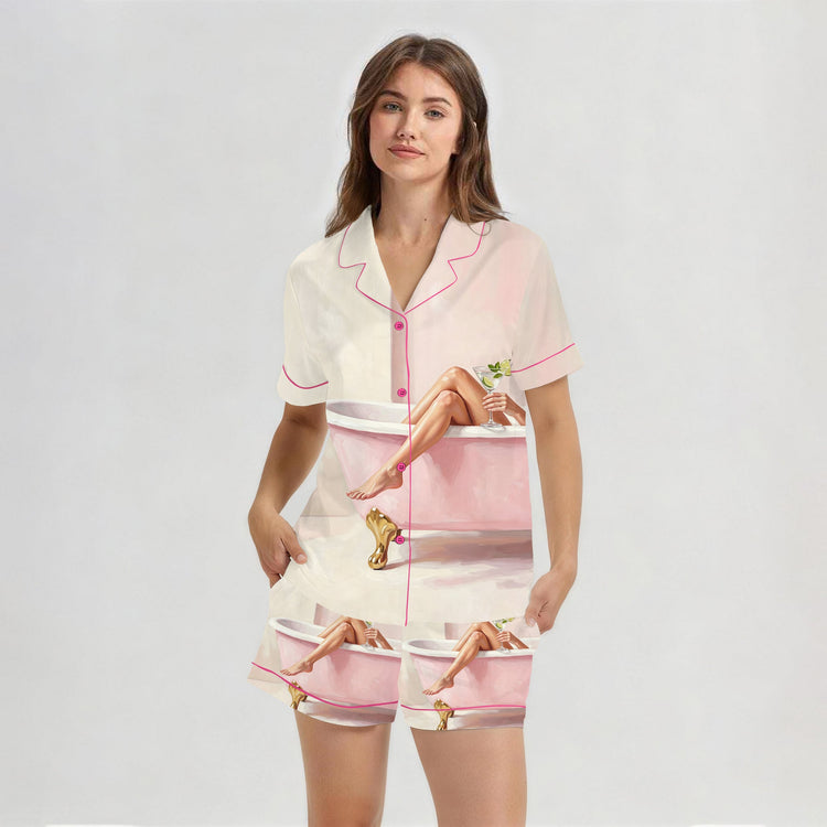 
                    
                      Women's Pink Bathtub Martini Short Sleeve Silky Satin Pajama Set front view
                    
                  