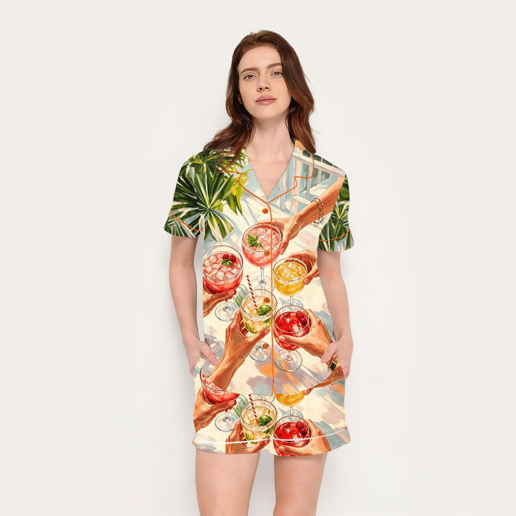 
                    
                      Women's Tropical Cocktail Party Short Sleeve Silky Satin Pajama Set front view
                    
                  