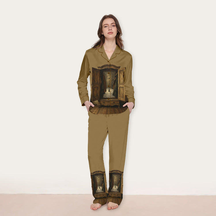 
                    
                      Women's Haunted Wardrobe Night Scene Long Sleeve Silky Satin Pajama Set front view
                    
                  