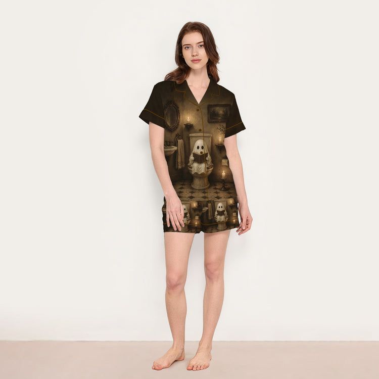 
                    
                      Women's Ghost Reading Bathroom Short Sleeve Silky Satin Pajama Set alternate view
                    
                  