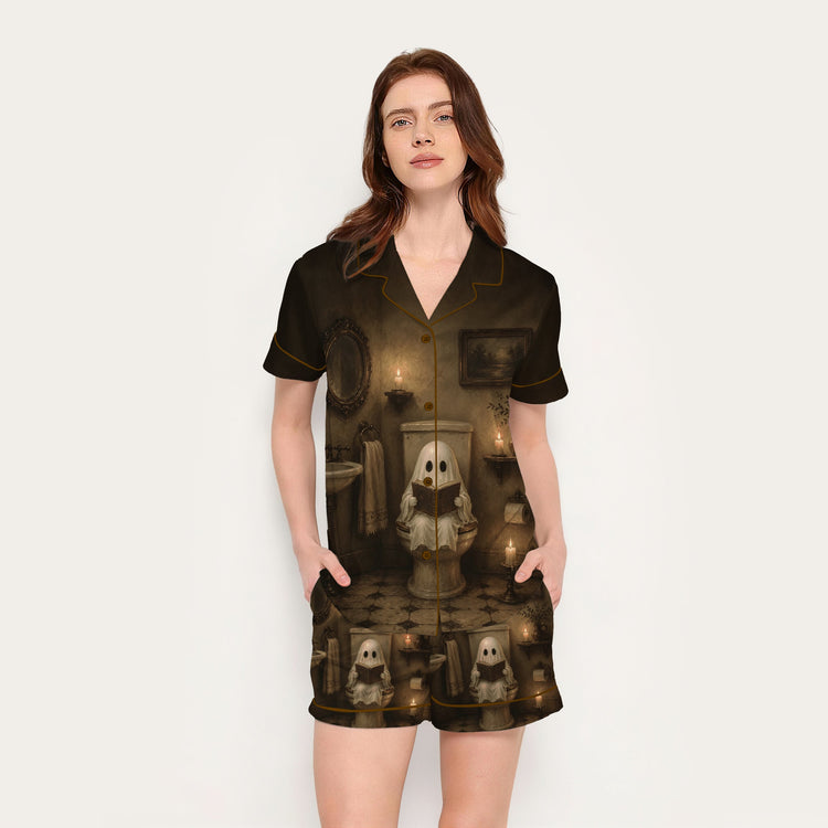 
                    
                      Women's Ghost Reading Bathroom Short Sleeve Silky Satin Pajama Set front view
                    
                  