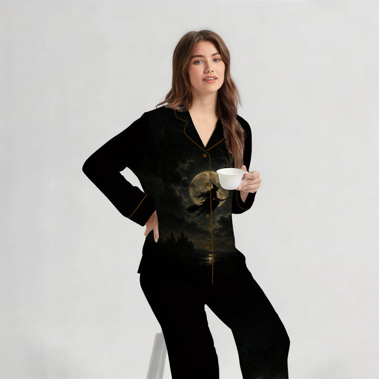 
                    
                      Women's Witch Moon Castle Long Sleeve Silky Satin Pajama Set front view
                    
                  