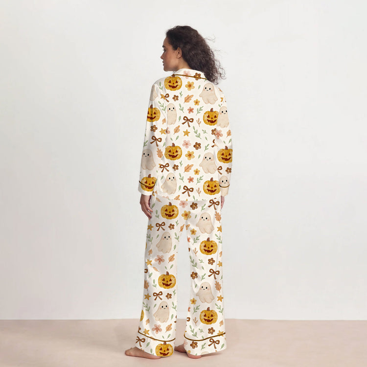 
                    
                      Women's Cute Ghost Pumpkin Bow Long Sleeve Silky Satin Pajama Set alternate view
                    
                  