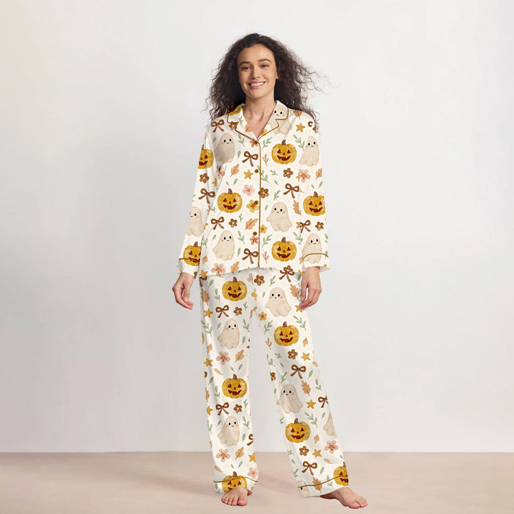 
                    
                      Women's Cute Ghost Pumpkin Bow Long Sleeve Silky Satin Pajama Set front view
                    
                  