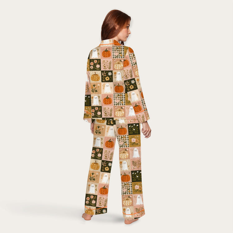 
                    
                      Women's Autumn Ghost Pumpkin Patchwork Long Sleeve Silky Satin Pajama Set alternate view
                    
                  