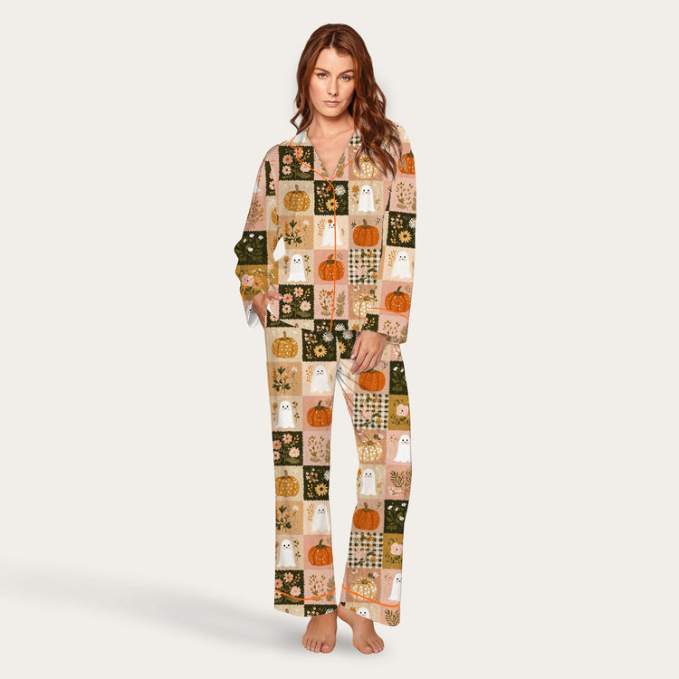 
                    
                      Women's Autumn Ghost Pumpkin Patchwork Long Sleeve Silky Satin Pajama Set front view
                    
                  