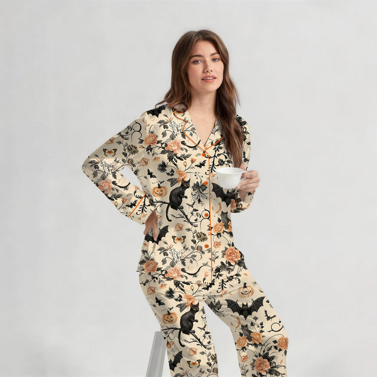 
                    
                      Women's Black Cat Bat Rose Halloween Long Sleeve Silky Satin Pajama Set alternate view
                    
                  