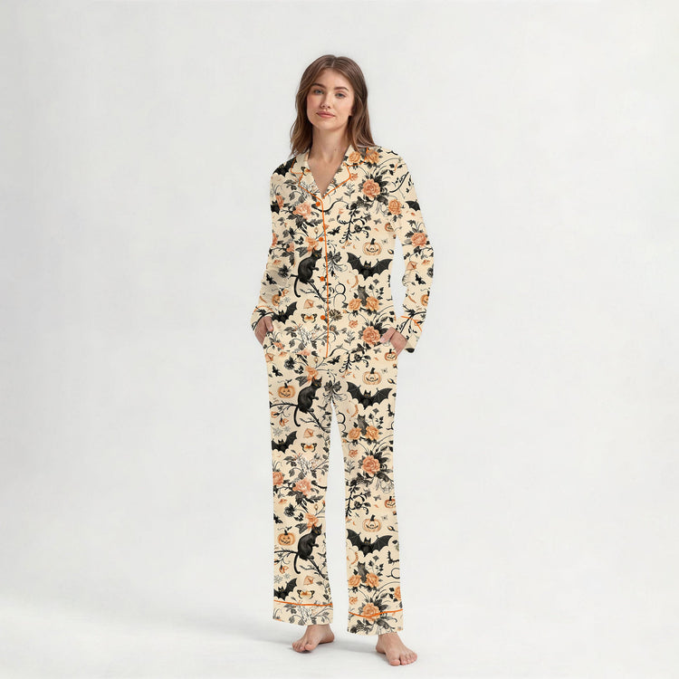 
                    
                      Women's Black Cat Bat Rose Halloween Long Sleeve Silky Satin Pajama Set front view
                    
                  
