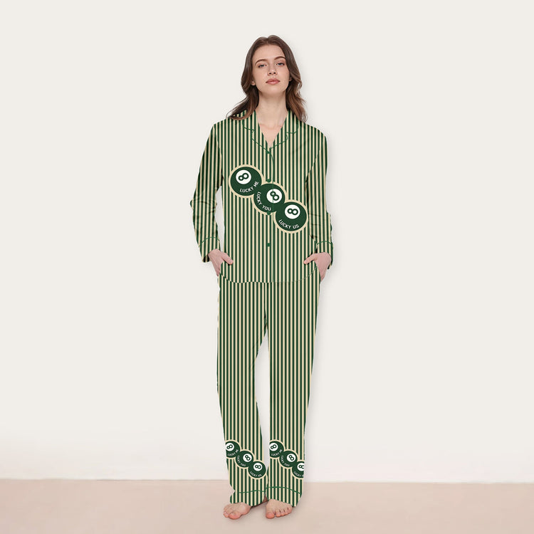 
                    
                      Women's Lucky 8 Ball Stripe Long Sleeve Silky Satin Pajama Set front view
                    
                  