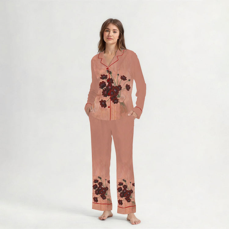 
                    
                      Women's Painted Red Flower Tea Long Sleeve Silky Satin Pajama Set alternate view
                    
                  