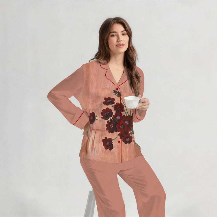 
                    
                      Women's Painted Red Flower Tea Long Sleeve Silky Satin Pajama Set front view
                    
                  