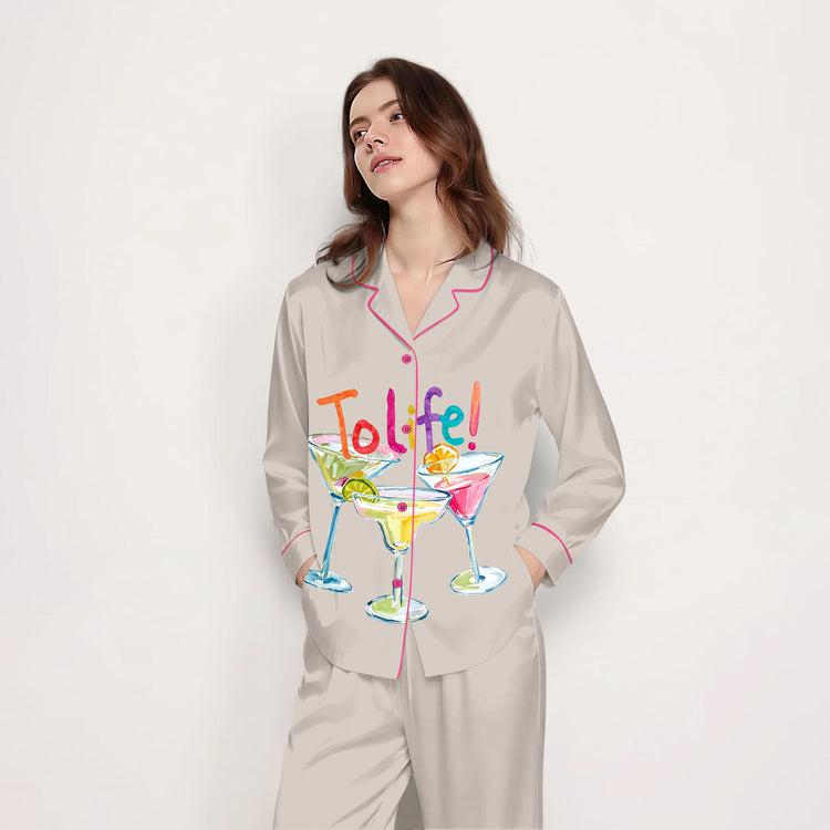 
                    
                      Women's To Life Cocktail Long Sleeve Silky Satin Pajama Set alternate view
                    
                  