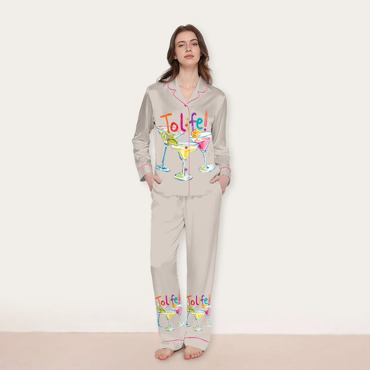 
                    
                      Women's To Life Cocktail Long Sleeve Silky Satin Pajama Set front view
                    
                  