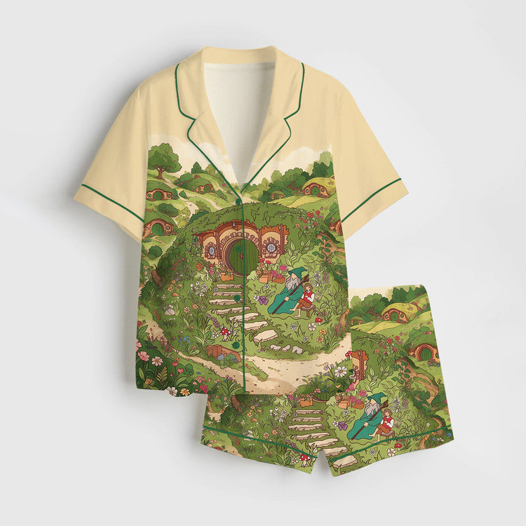 Women's Lord Of The Rings Shire Hobbit Hole Fantasy Art Print Short Sleeve Silky Satin Pajama Set