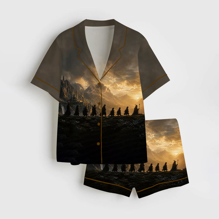 Women's Lord Of The Rings Fantasy Landscape Art Print Short Sleeve Silky Satin Pajama Set