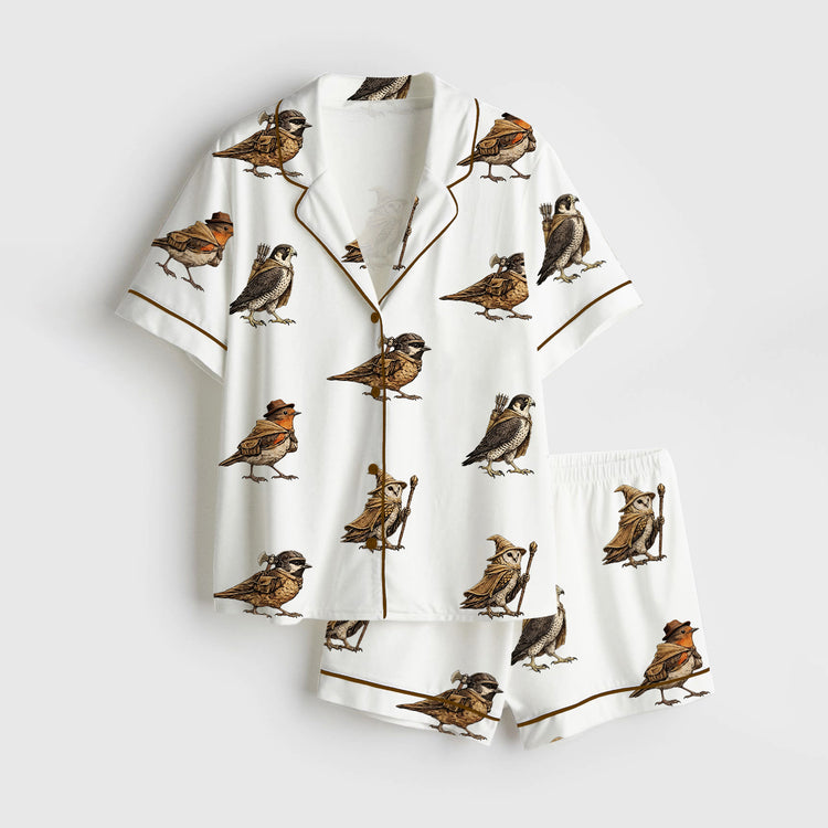 Women's Lord Of The Rings The Fellowship Of The Wing Funny Birds Art Print Short Sleeve Silky Satin Pajama Set
