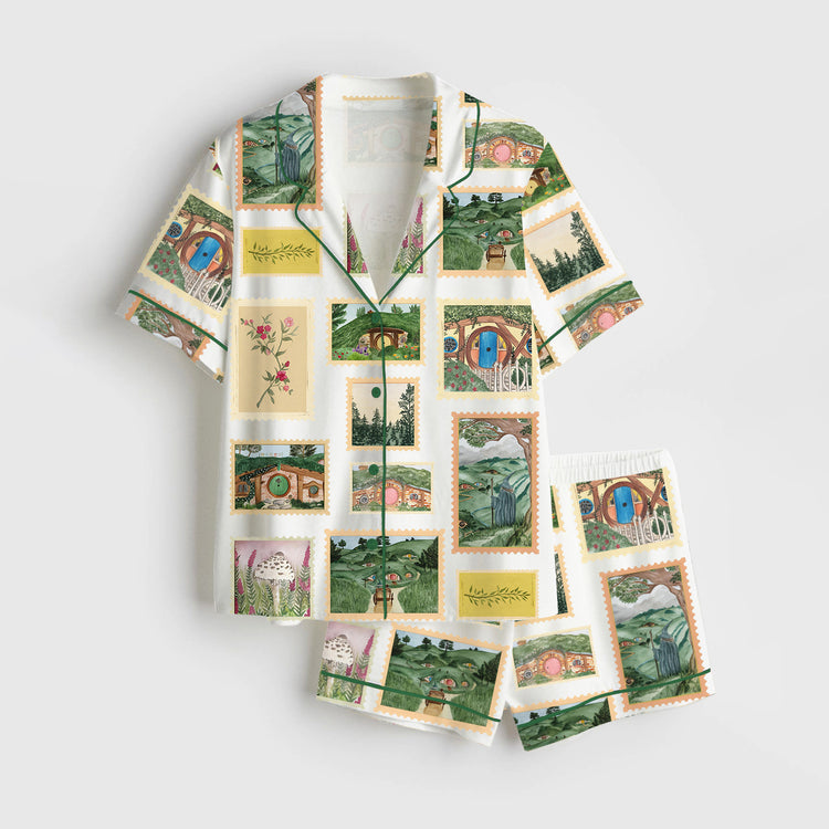 Women's Lord Of The Rings Vintage Tolkien Stamp Art Short Sleeve Silky Satin Pajama Set