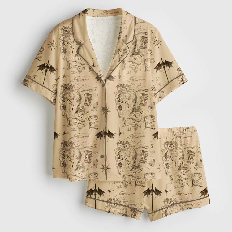 Women's Middle Earth Map Print Lord Of The Rings Short Sleeve Silky Satin Pajama Set