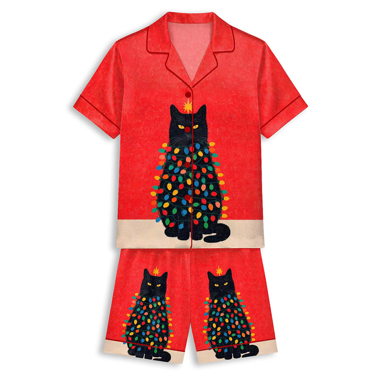 Christmas Black Cat With Lights Unisex Short Sleeve Satin Pajama Set